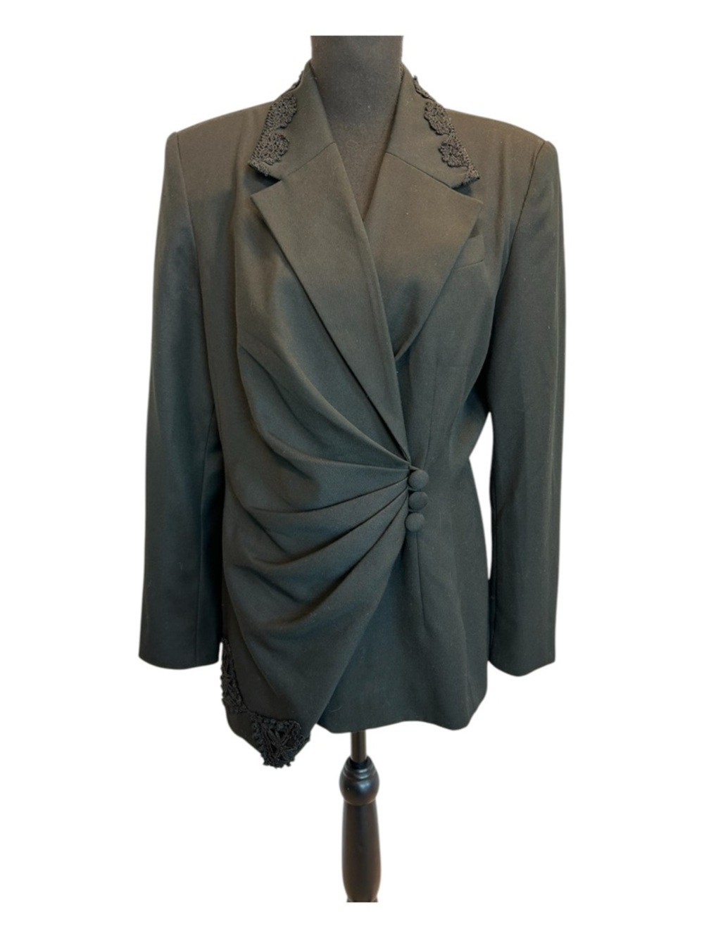 Black Draped Pleated Ruched Front Women's Blazer Jacket button closure